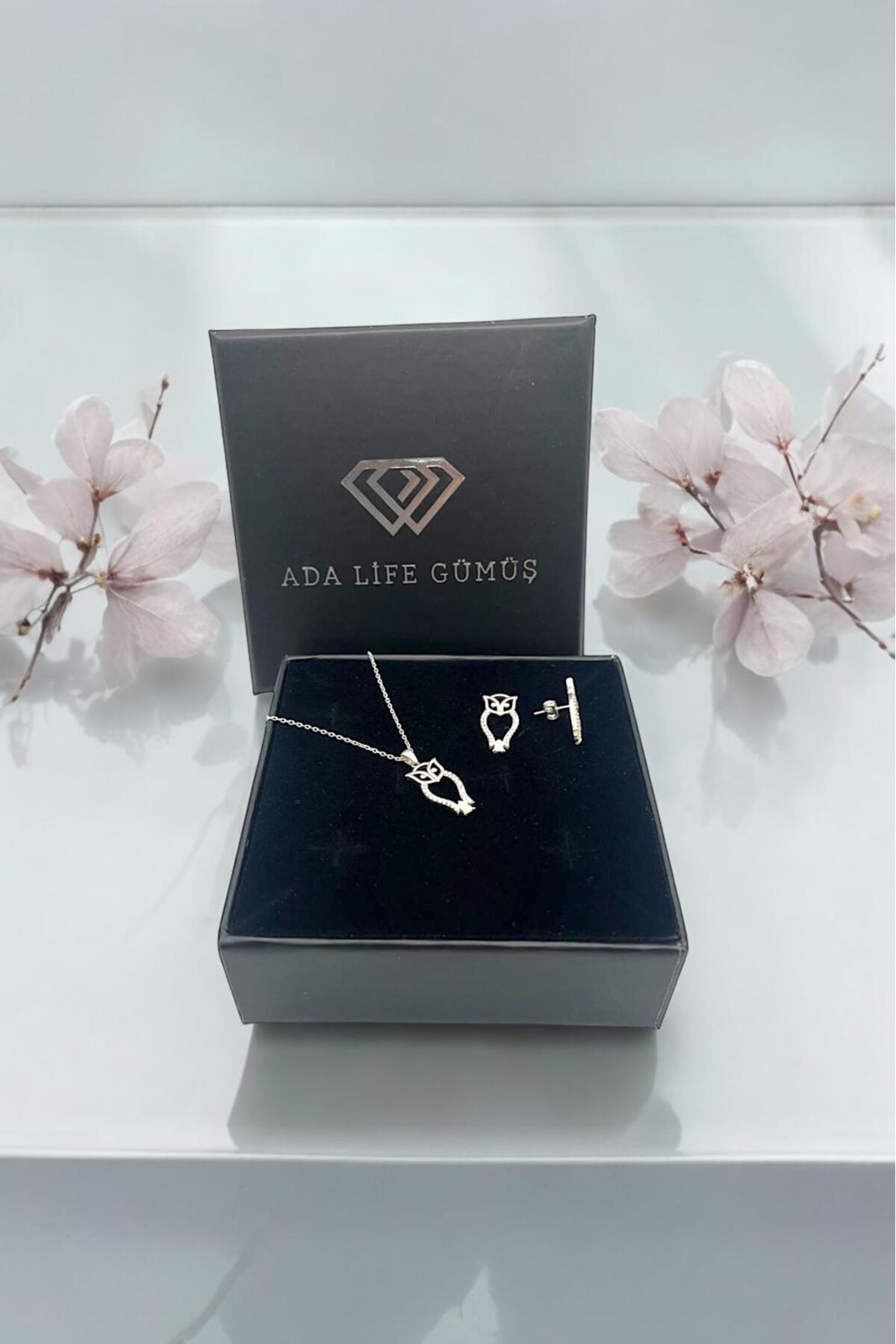 925 Ayar Gümüş Zirkon Taşlı Baykuş 2 Li Set Kolye Küpe (ÖZEL KUTULU)
