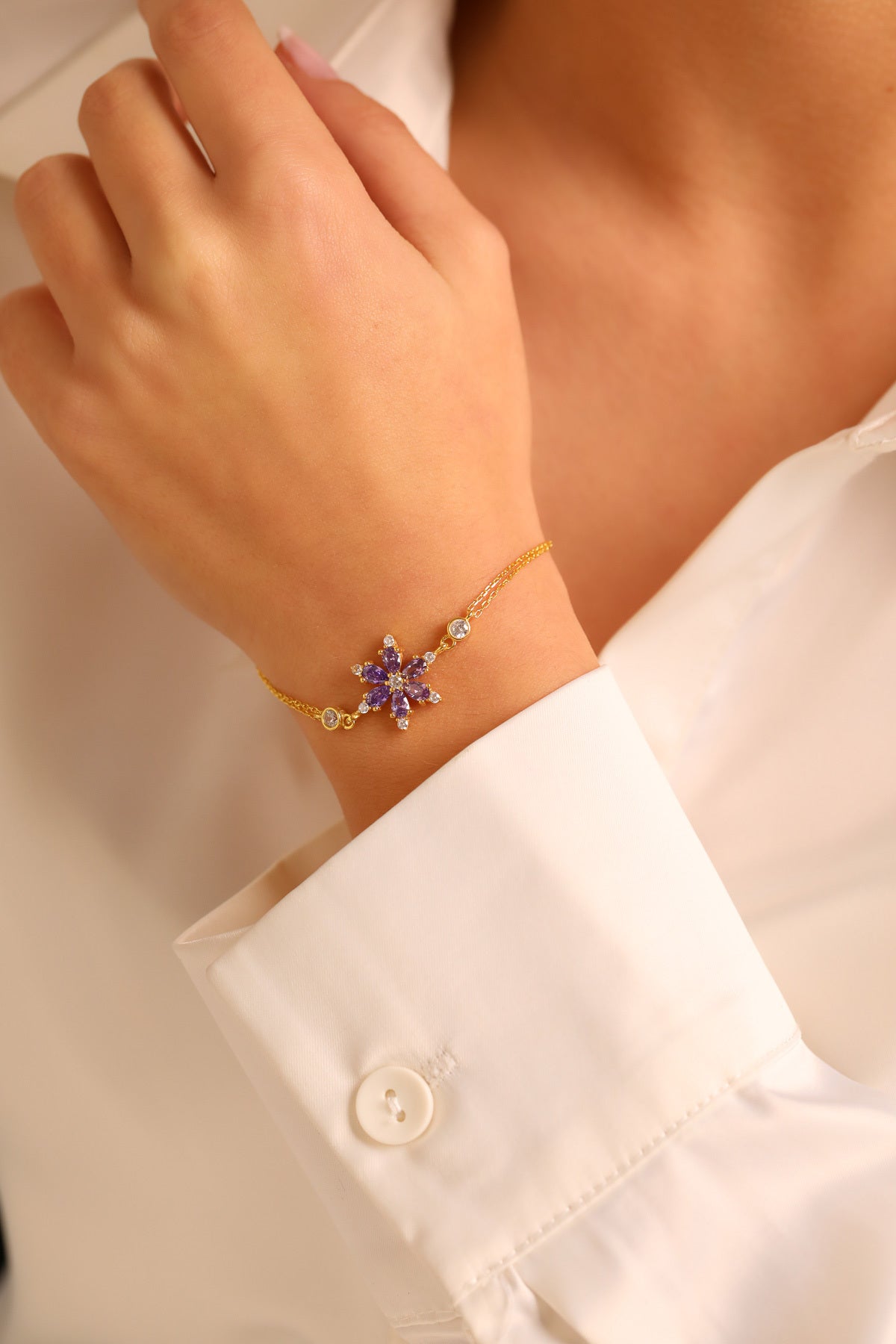 (PREMİUM IŞIKLI KUTULU) 925 Ayar Gümüş mor taşlı Lotus Çiçeği Kadın Bileklik - 3