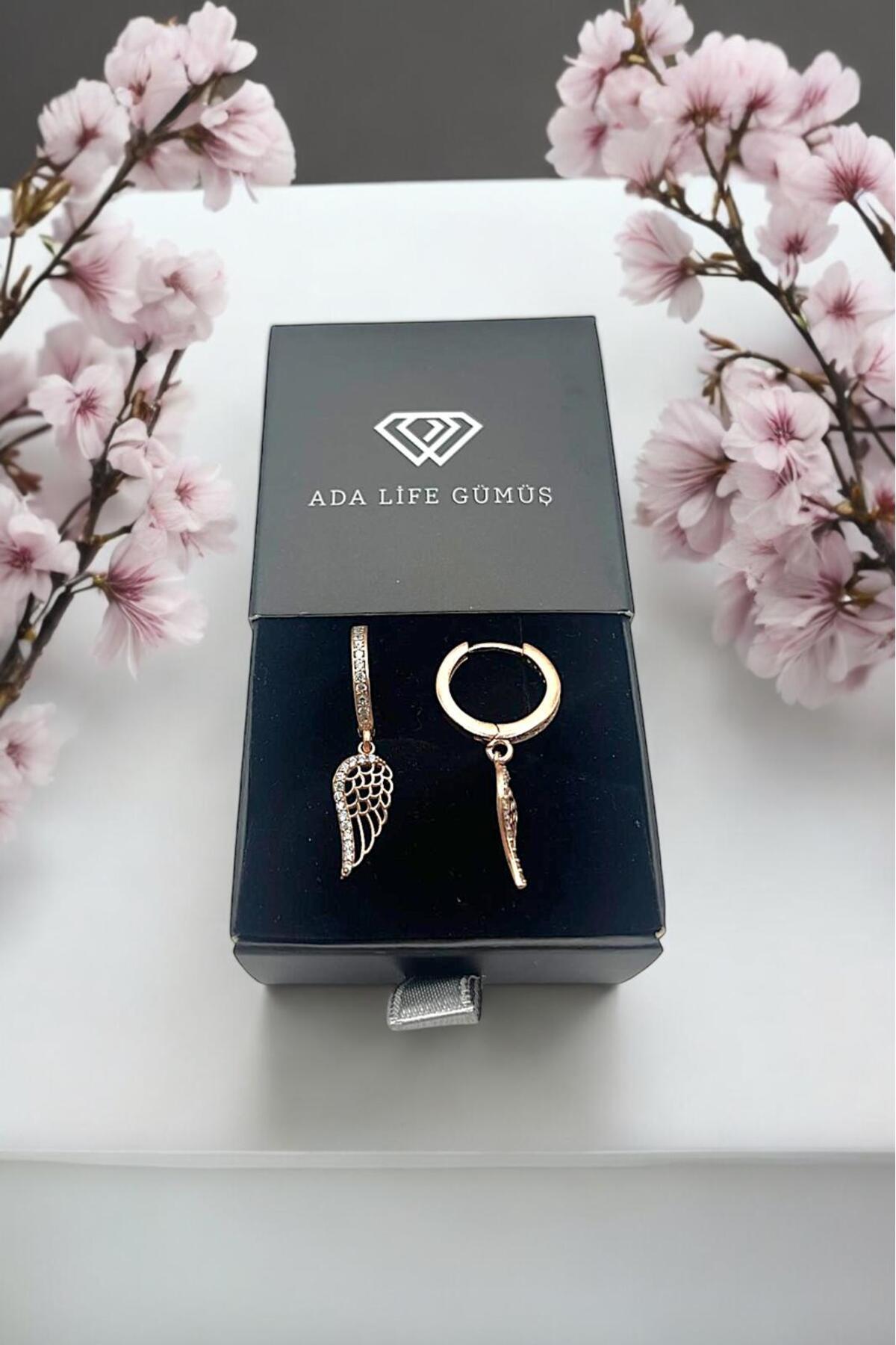 925 AYAR GÜMÜŞ KANATLI HALKALI KÜPE ROSE - 3
