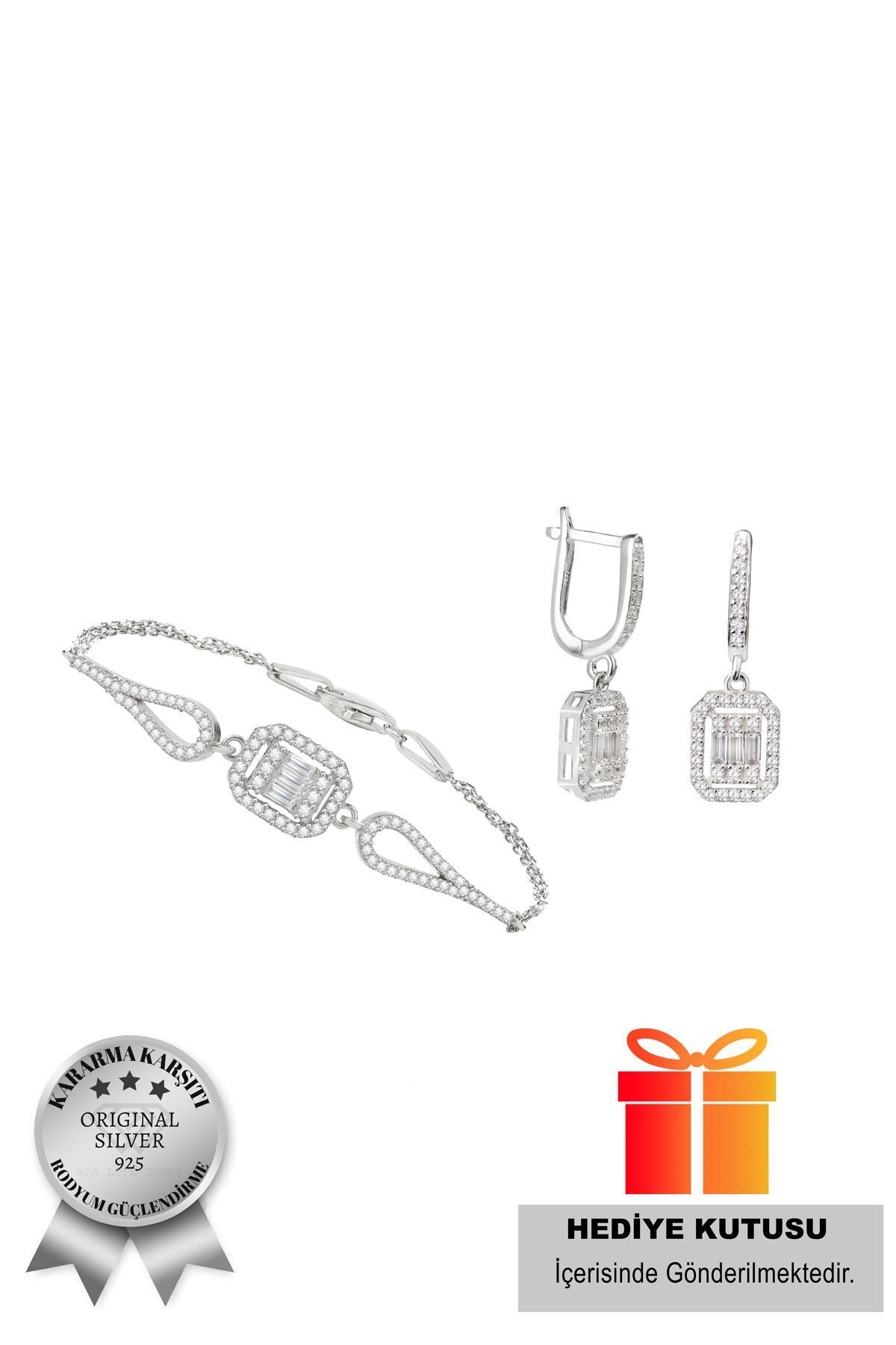 925 Ayar Gümüş 2 Li Baget Set (ÖZEL KUTULU) BİLEKLİK KÜPE - 3