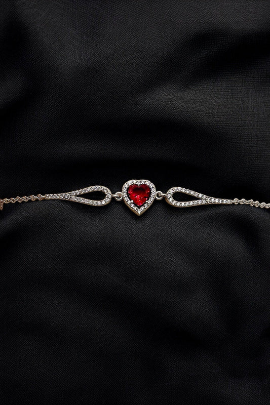 (PREMİUM IŞIKLI KUTULU) 925 Ayar Gümüş Kırmızı Taşlı Pırlanta Kalp model Kadın Bileklik - 2