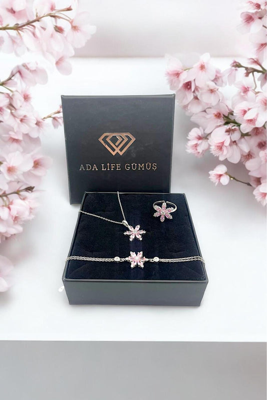 925 Ayar Gümüş Lotus Çiçeği 3 Lü Set Kolye Bileklik Yüzük (ÖZEL KUTULU)