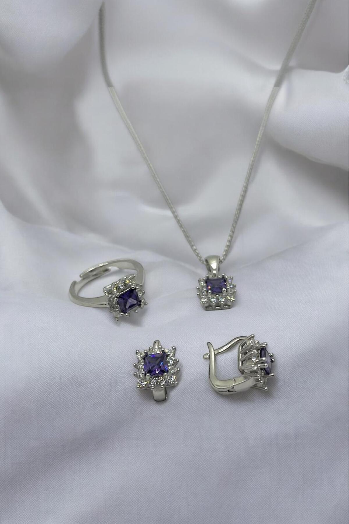 925 Ayar Gümüş Kare Model 3 Lü Set Kolye Küpe Yüzük (ÖZEL KUTULU) - 2