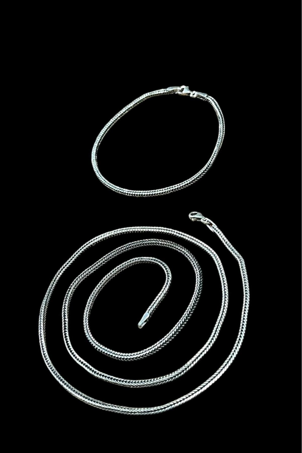 925 Ayar Gümüş 2 Li Set 2,5-3 Mm Tilki Kuyruğu Erkek Kolye Bileklik (ÖZEL KUTULU)