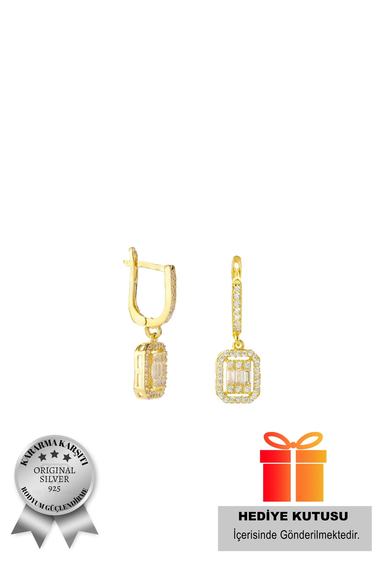 925 Ayar Gümüş Gold Kadın Baget Küpe (ÖZEL KUTULU)