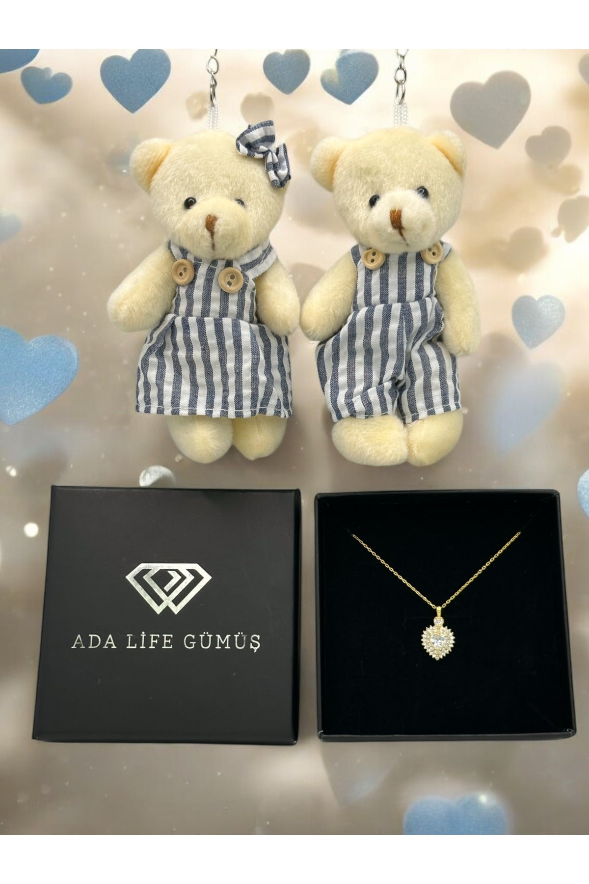 Çi̇ft Ayicik Hedi̇yeli̇ 925 Ayar Gümüş Zirkon Taşlı Çift Sıra Kalp Model Kolye