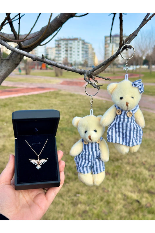 (ÇİFT PELUŞ AYICIK ) 925 Ayar Gümüş Zümrüdü Anka Kuşu Kadın Kolye (IŞIKLI KUTULU)