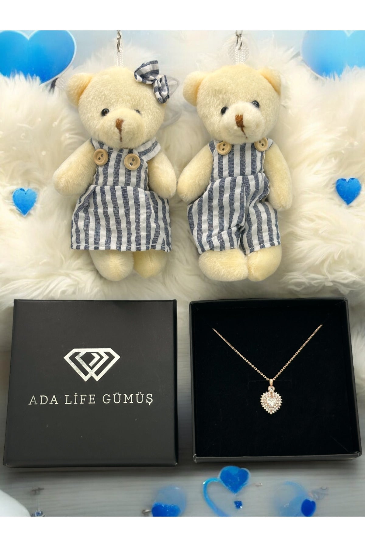 (ÇİFT AYICIK HEDİYELİ) 925 Ayar Gümüş Zirkon Taşlı Çift Sıra Kalp Model Kolye