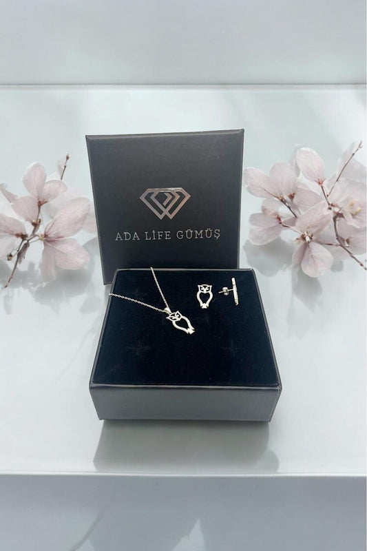 925 Ayar Gümüş Zirkon Taşlı Baykuş 2 Li Set Kolye Küpe (ÖZEL KUTULU)