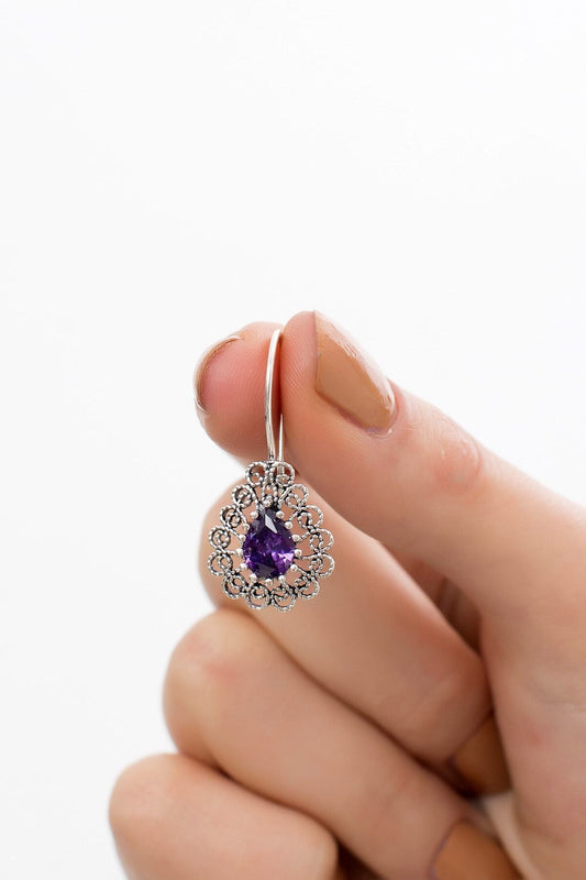 925 Ayar Gümüş Mor Taşlı Damla Model Oksitli Telkari Kadın Küpe(ÖZEL KUTULU) - 4