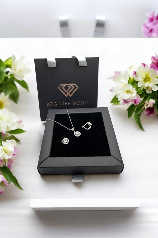 925 Ayar Gümüş Yuvarlak 2 Li Set Kolye Küpe (ÖZEL KUTULU)