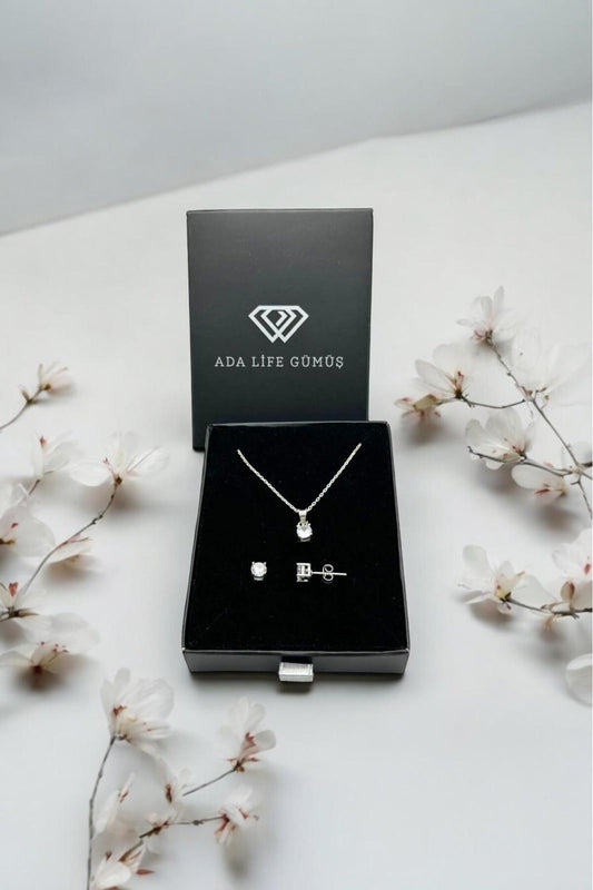 925 Ayar Gümüş Kare Model 2 Li Set Kolye Küpe