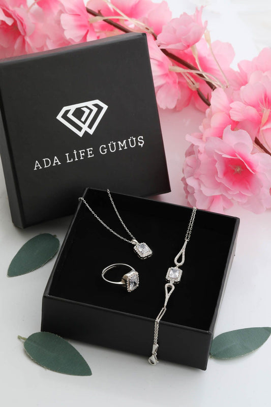 925 Ayar Gümüş 3 Lü Tek Taş Baget Set (ÖZEL KUTULU) BİLEKLİK KOLYE YÜZÜK