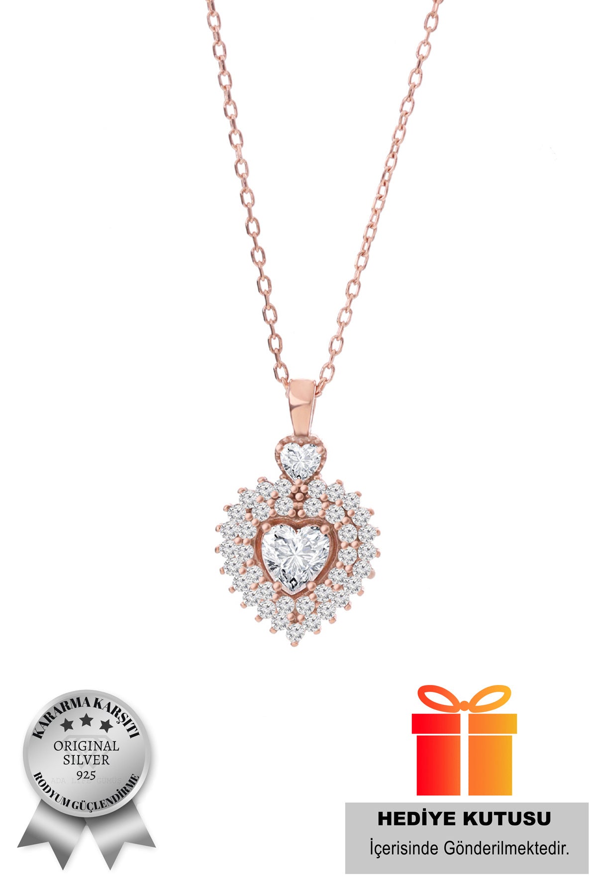 (ÇİFT AYICIK HEDİYELİ) 925 Ayar Gümüş Zirkon Taşlı Çift Sıra Kalp Model Kolye - 4