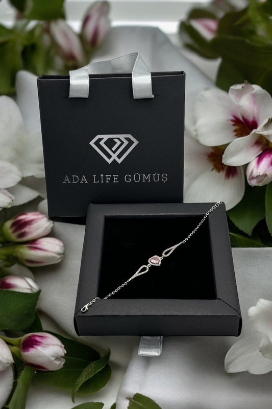 (ÇANTALI KUTULU)925 Ayar Gümüş Pırlanta Kalp Model Kadın Bileklik