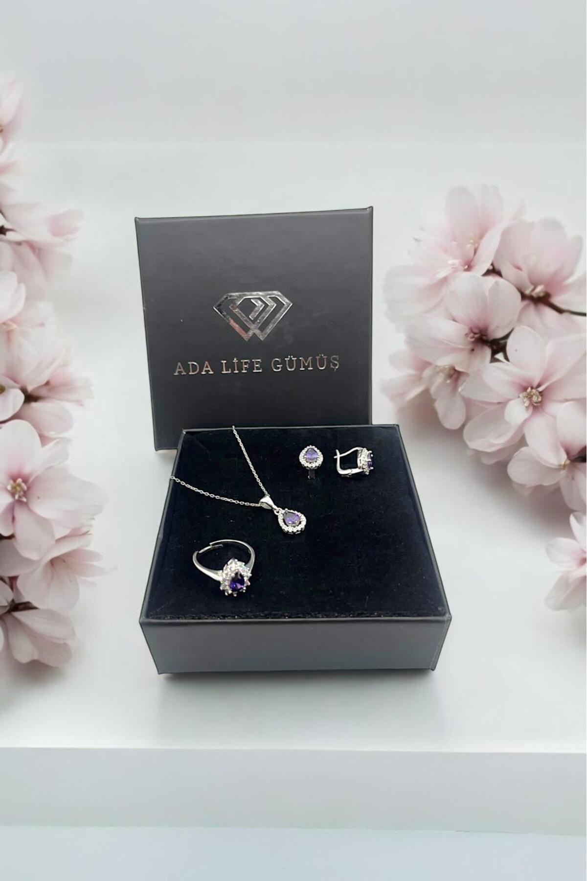 925 Ayar Gümüş Damla Model 3 Lü Set Kolye Küpe Yüzük (ÖZEL KUTULU)