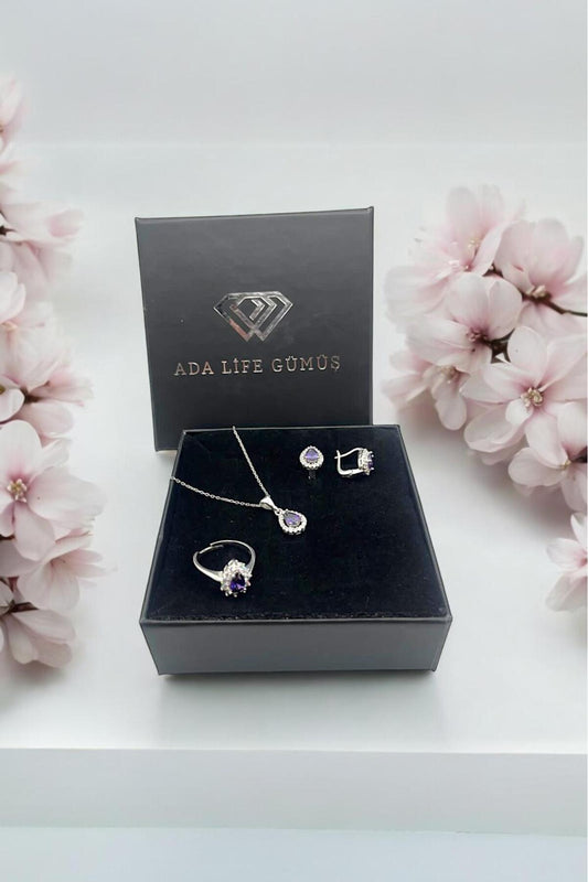 925 Ayar Gümüş Damla Model 3 Lü Set Kolye Küpe Yüzük (ÖZEL KUTULU)