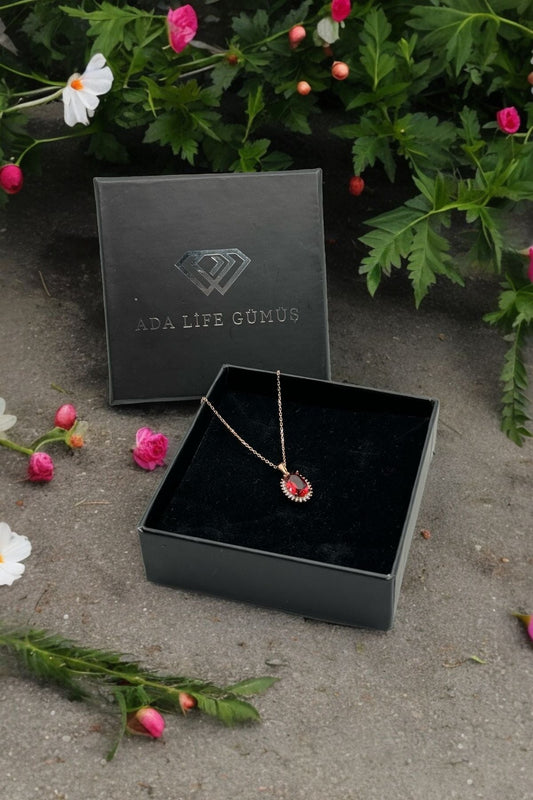 925 Ayar Gümüş Tek Sıra Büyük Elips Taşlı Kolye Rose Özel Kutulu