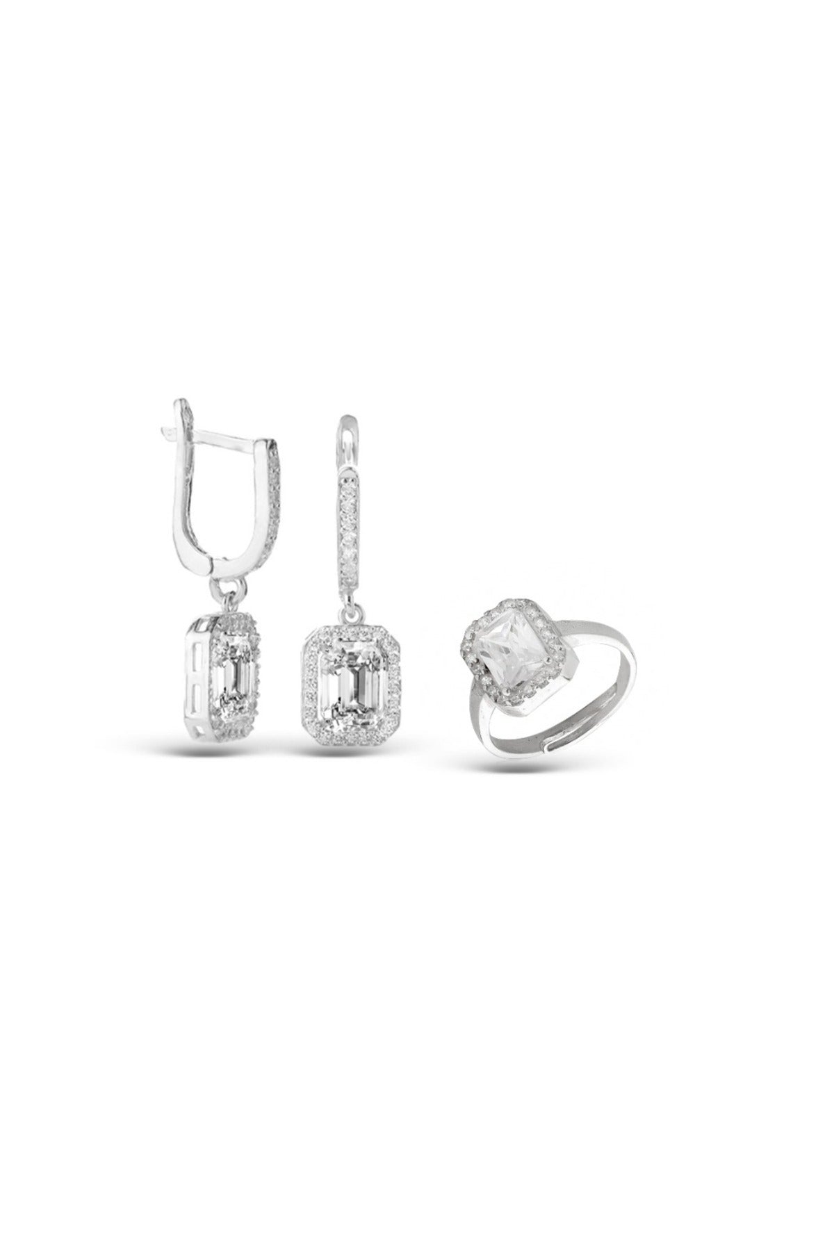 925 Ayar Gümüş 2 Li Tek Taş Baget Set (ÖZEL KUTULU) KÜPE YÜZÜK - 3