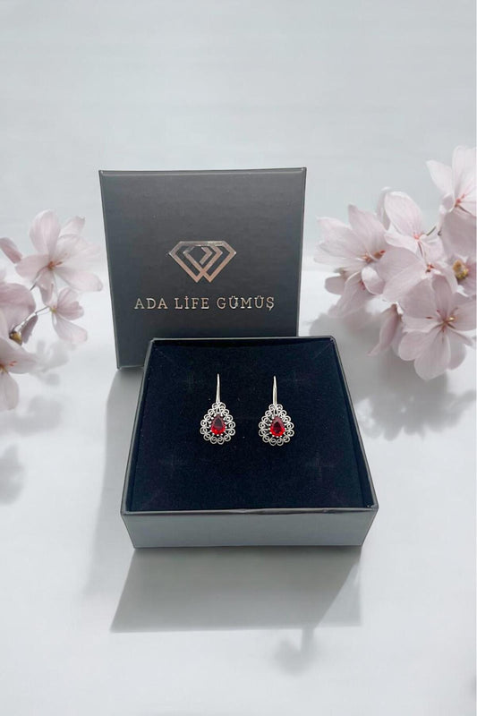 925 Ayar Yakut Taşlı Damla Model Oksitli Telkari Kadın Gümüş Küpe(ÖZEL KUTULU) - 3