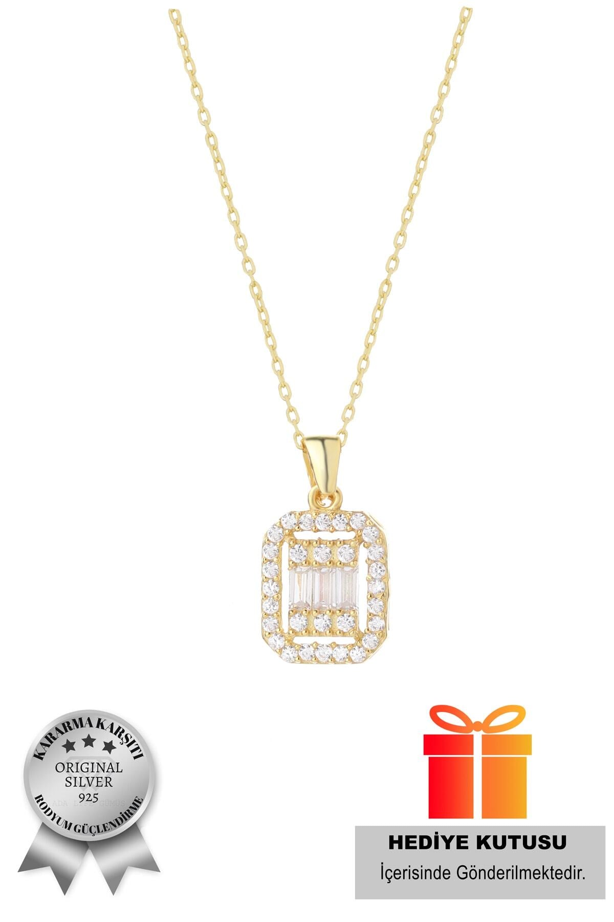925 Ayar Gümüş Gold 3 Taşlı Baget Taşlı Kolye (ÖZEL KUTULU)
