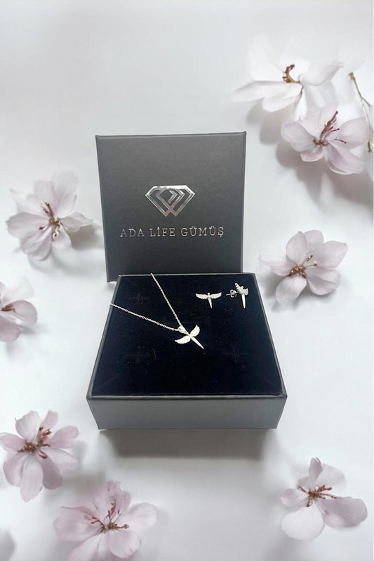 935 Ayar Gümüş Zirkon Taşlı Mikail Kılıcı 2 Li Set Kolye Küpe (ÖZEL KUTULU)