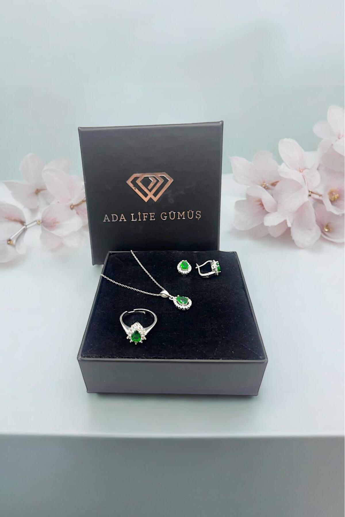 925 Ayar Gümüş Damla Model 3 Lü Set Kolye Küpe Yüzük (ÖZEL KUTULU)