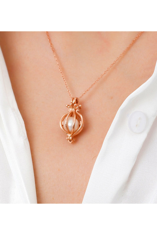 925 Ayar Gümüş Zirkon Taşlı Incili Kafes Gümüş Kadın Kolye - 2