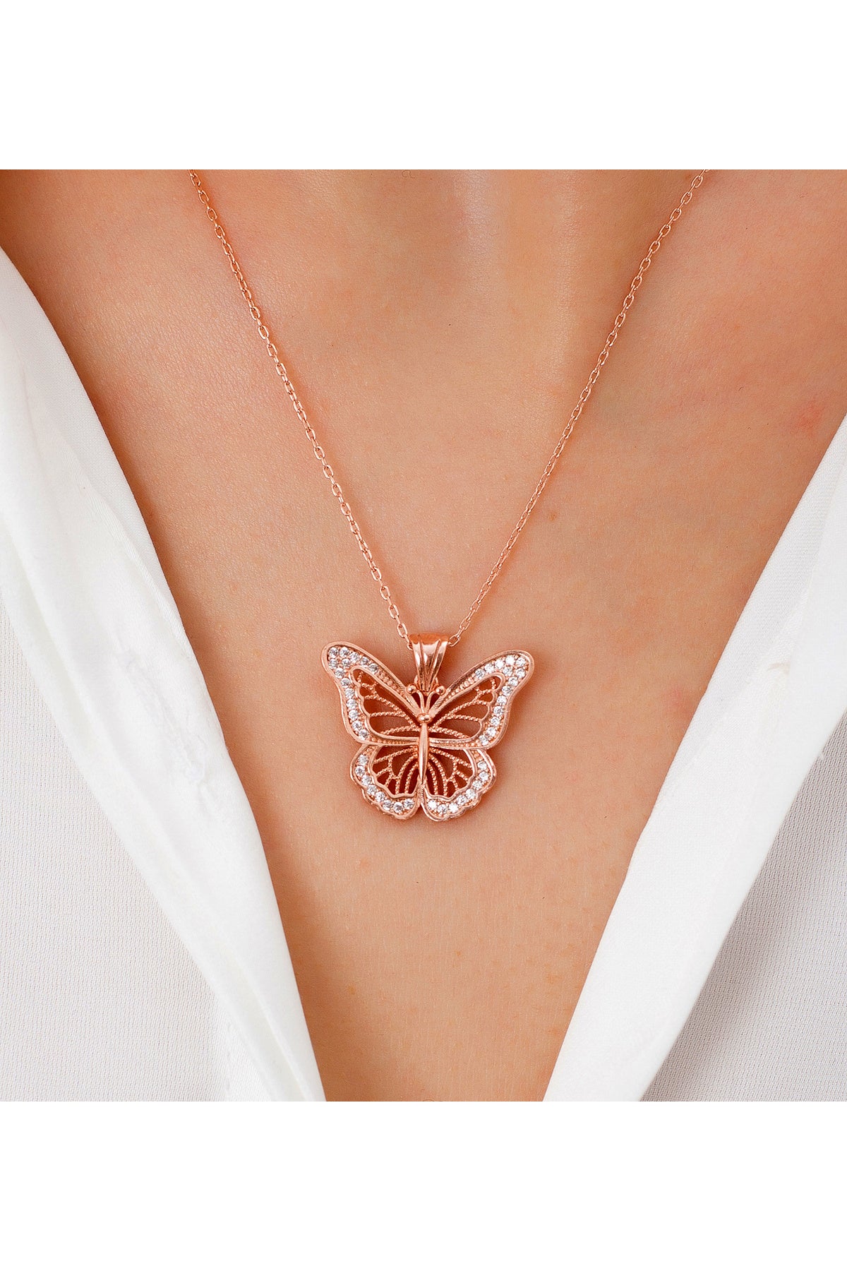 925 Ayar Gümüş Zirkon Taşlı Kelebek Model Kolye (IŞIKLI KUTU) - 3