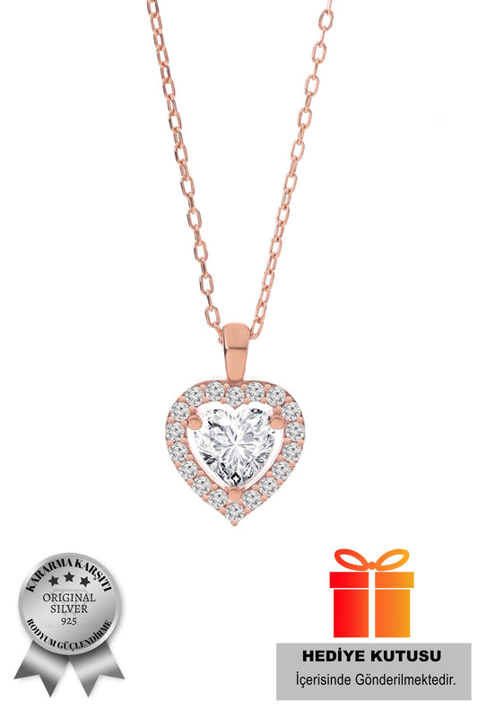 925 Ayar Gümüş Zirkon Taşlı Pırlanta Kalp Kadın Kolye(ÖZEL KUTULU)