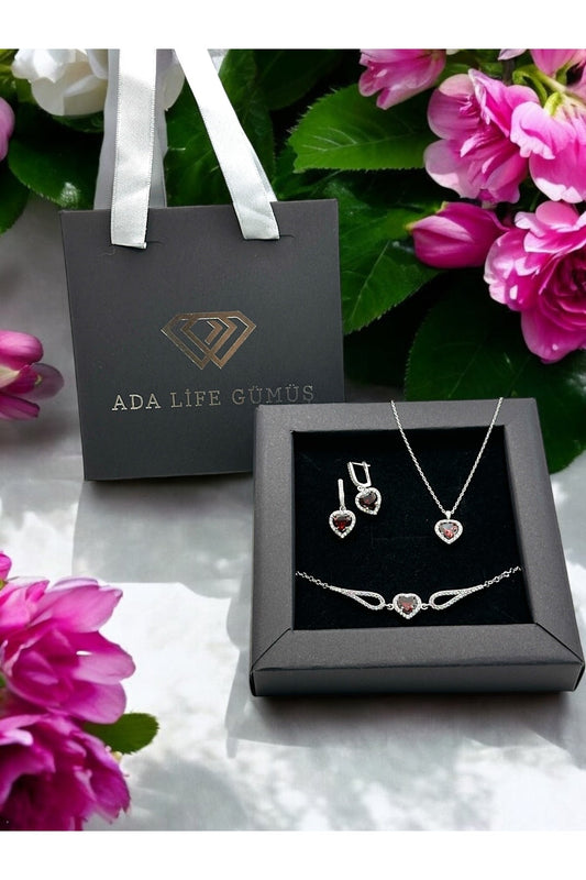 925 Ayar Gümüş Pırlanta Kalp Model Kadın 3 lü Set Bileklik Kolye Küpe