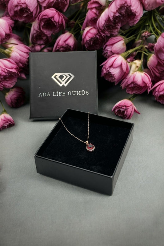 925 Ayar Gümüş Tek Sıra Daireı Kolye Rose (ÖZEK KUTULU)