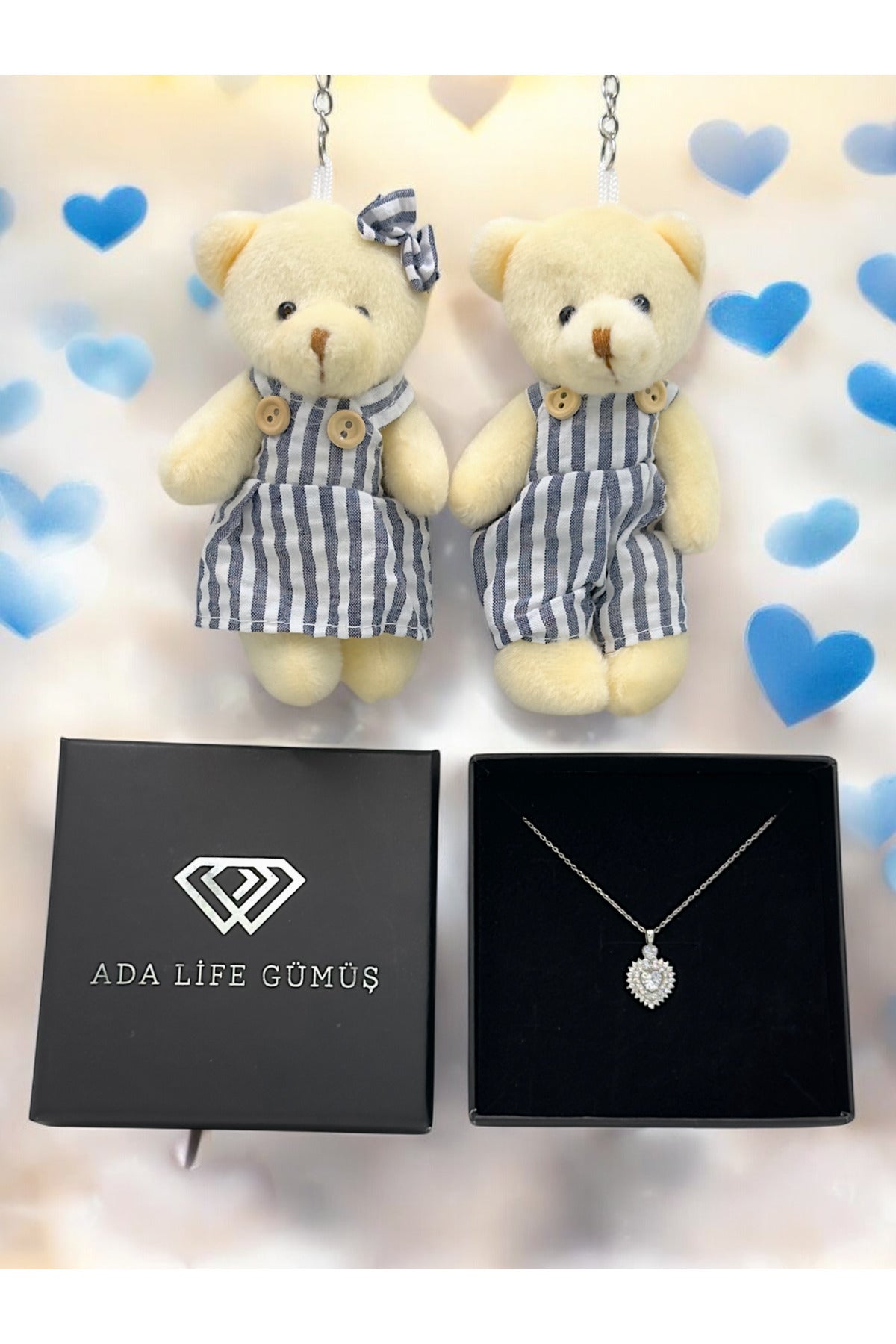 ÇİFT AYICIK HEDİYELİ 925 Ayar Gümüş Zirkon Taşlı Çift Sıra Kalp Model Kolye