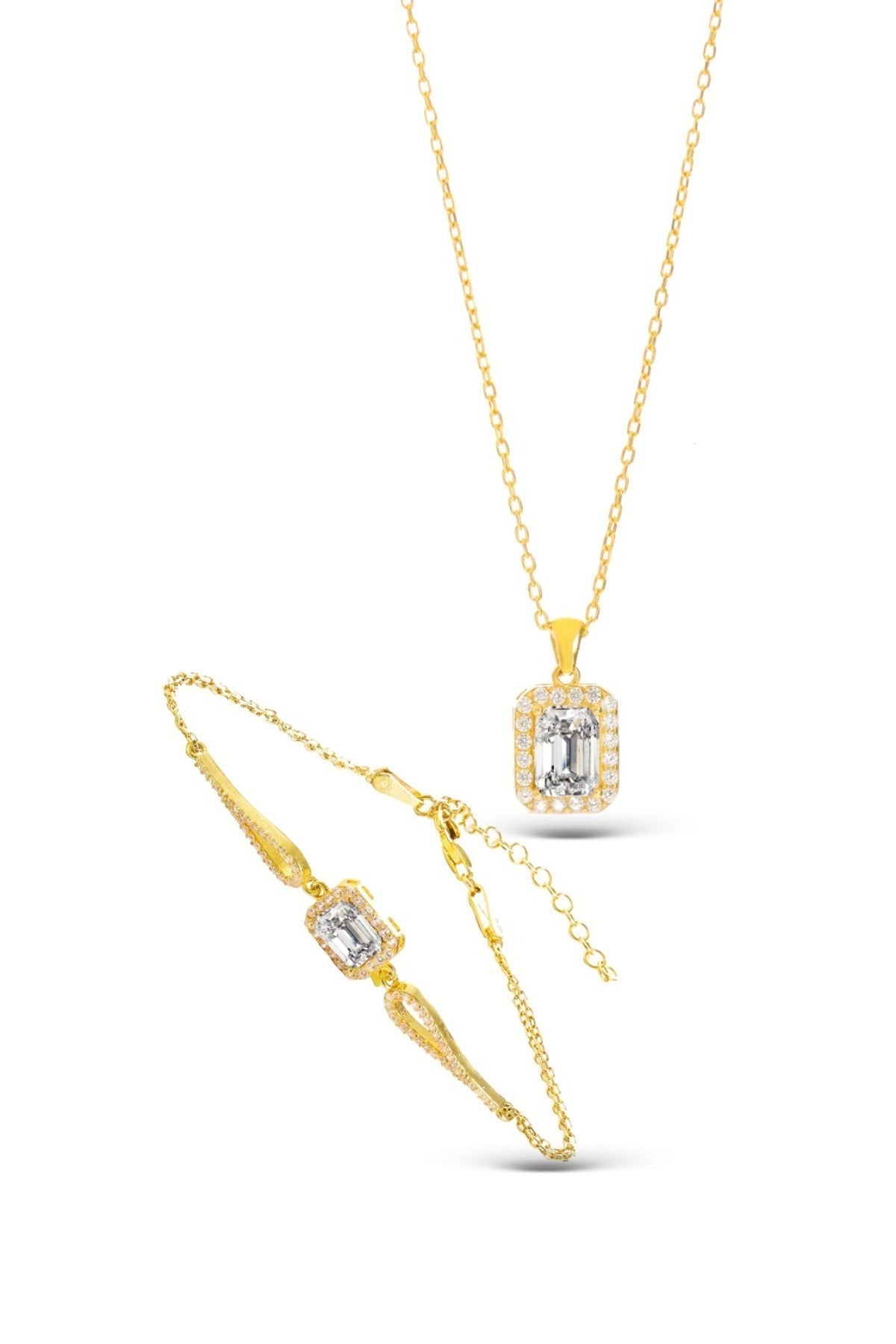925 Ayar Gümüş 2 Li Tek Taş Baget Set (ÖZEL KUTULU) BİLEKLİK KOLYE - 3