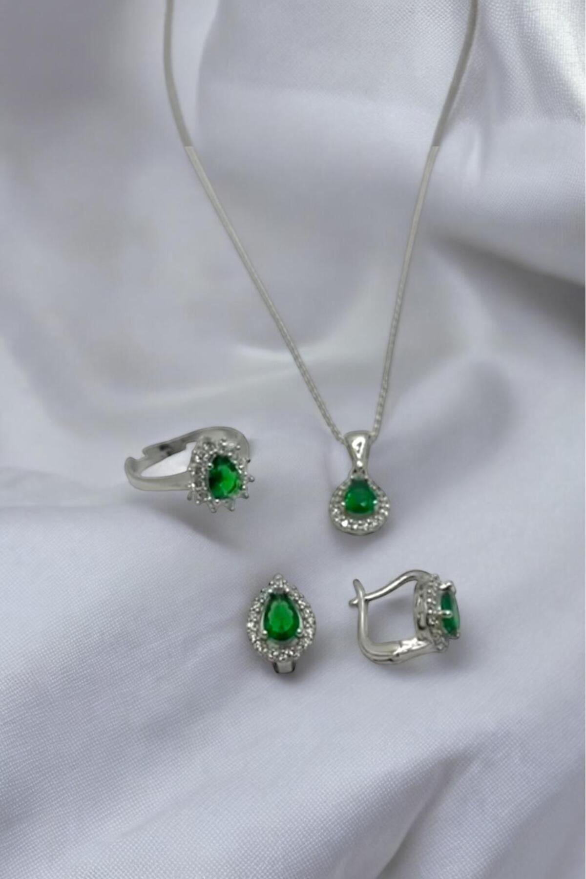 925 Ayar Gümüş Damla Model 3 Lü Set Kolye Küpe Yüzük (ÖZEL KUTULU) - 2