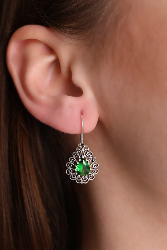 925 Ayar Gümüş Zümrüt Taşlı Damla Model Oksitli Telkari Kadın Küpe(ÖZEL KUTULU) - 3