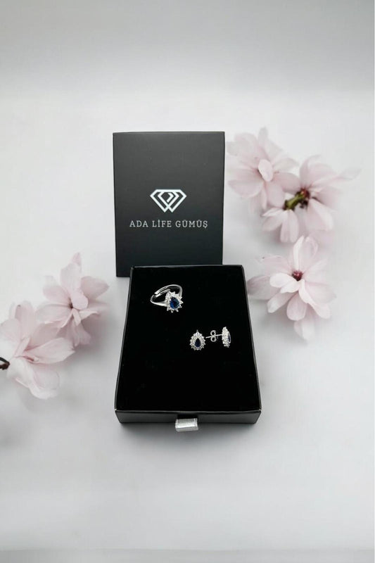 925 Ayar Gümüş Damla 2 Li Set Yüzük Küpe