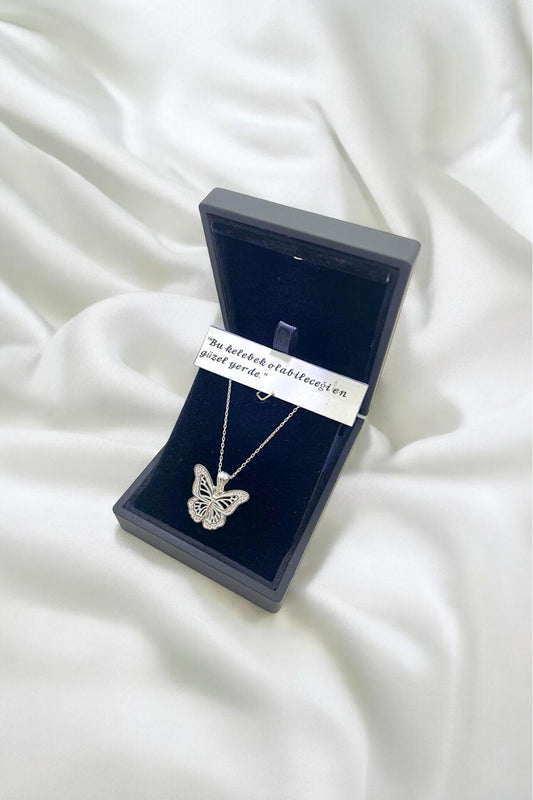 925 Ayar Gümüş Zirkon Taşlı Kelebek Model Kolye (IŞIKLI KUTU)