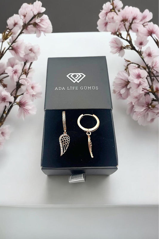 925 AYAR GÜMÜŞ KANATLI HALKALI KÜPE ROSE - 3